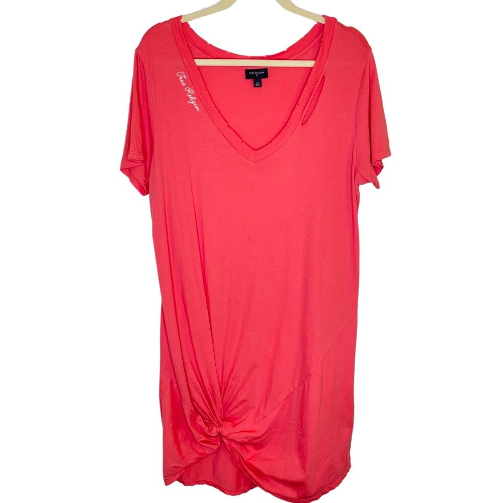 True Religion Distressed Coral Twist T-Shirt Dress, L - Picture 2 of 11